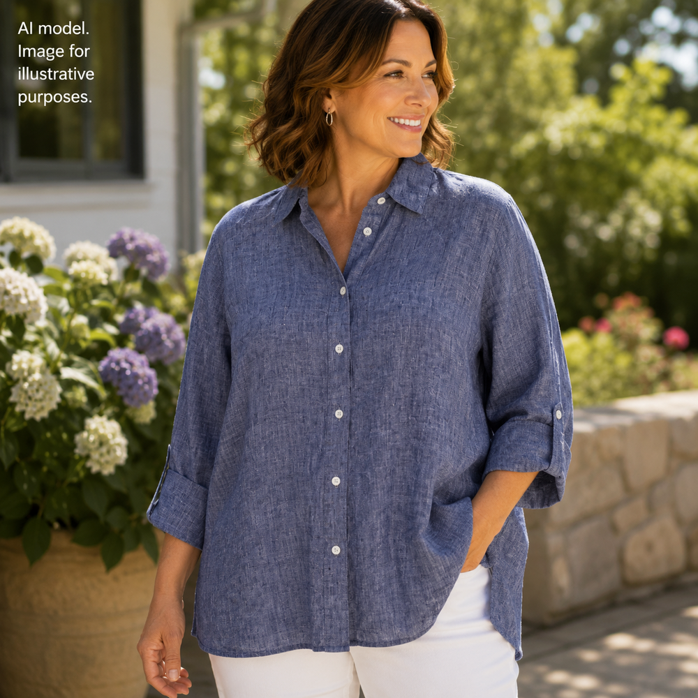 Foxcroft Shirt Womens 20W Blue Chambray Shaped Roll Tab Coastal Shacket Plus